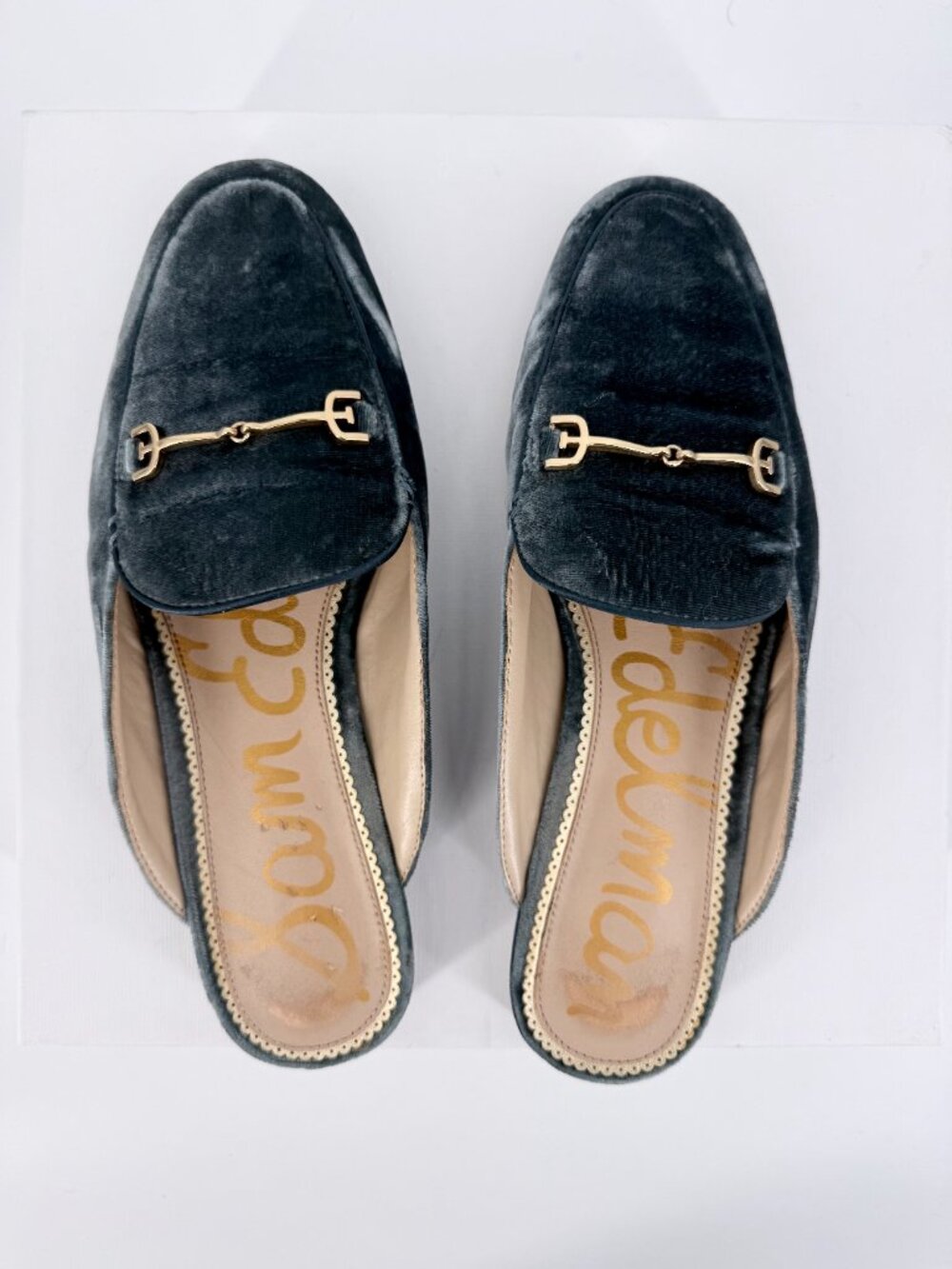 Sam Edelman Linnie Green Velvet Gold Accent Horsebit Mule Loafers 8W - Picture 3 of 15